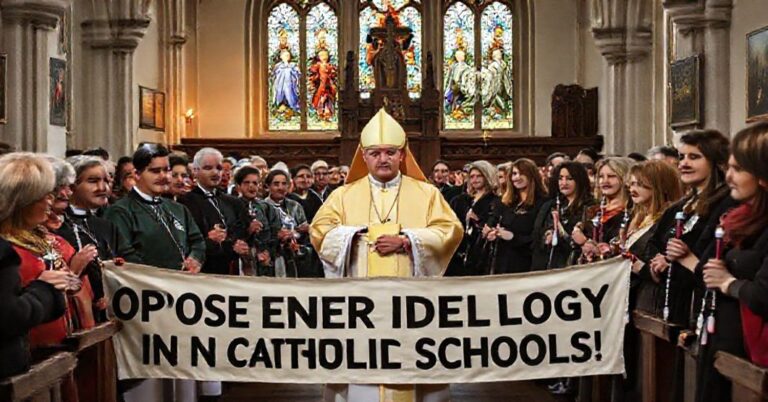 Grupa wiernych katolickich protestuje przeciwko ideologii gender w szkołach katolickich w Niemczech. Scena rozgrywa się w tradycyjnym kościele z błogosławieństwem tradycyjnego biskupa.