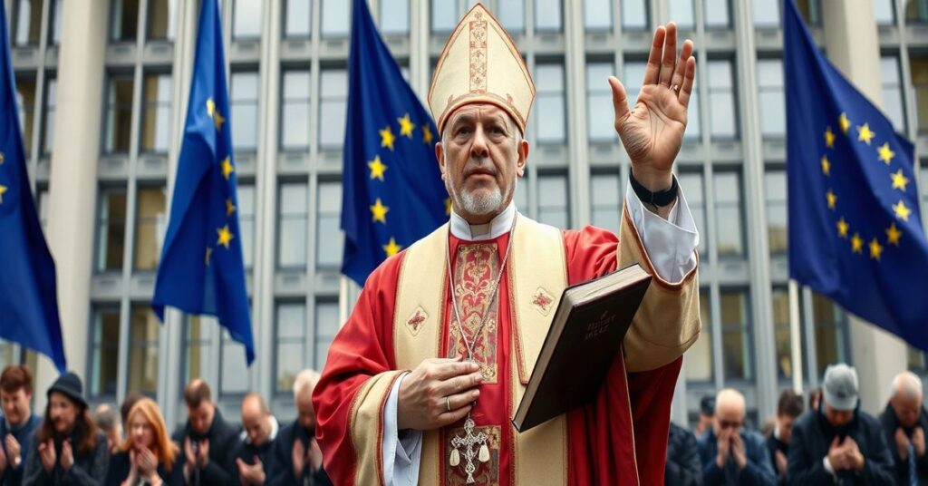 Katolicki biskup protestuje przeciwko ideologii genderowej przed budynkiem TSUE