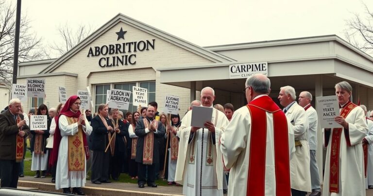 Scena modlitewna katolików protestujących przy klinice aborcyjnej, z modlitwą różańcową i kapłanami w tradycyjnych szatach, ukazująca obronę życia zgodnie z nauką Kościoła