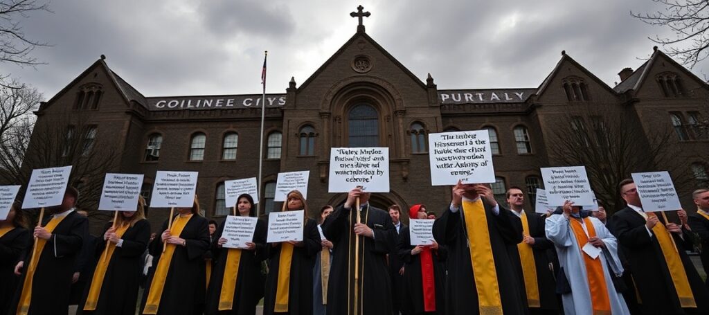 Zdjęcie przedstawiające Uniwersytet Portland w Oregonie w tłumaczeniu tradycyjnego katolickiego protestu przeciwko nauczaniu herezji 'teologii queer' przez Brandy Daniels.