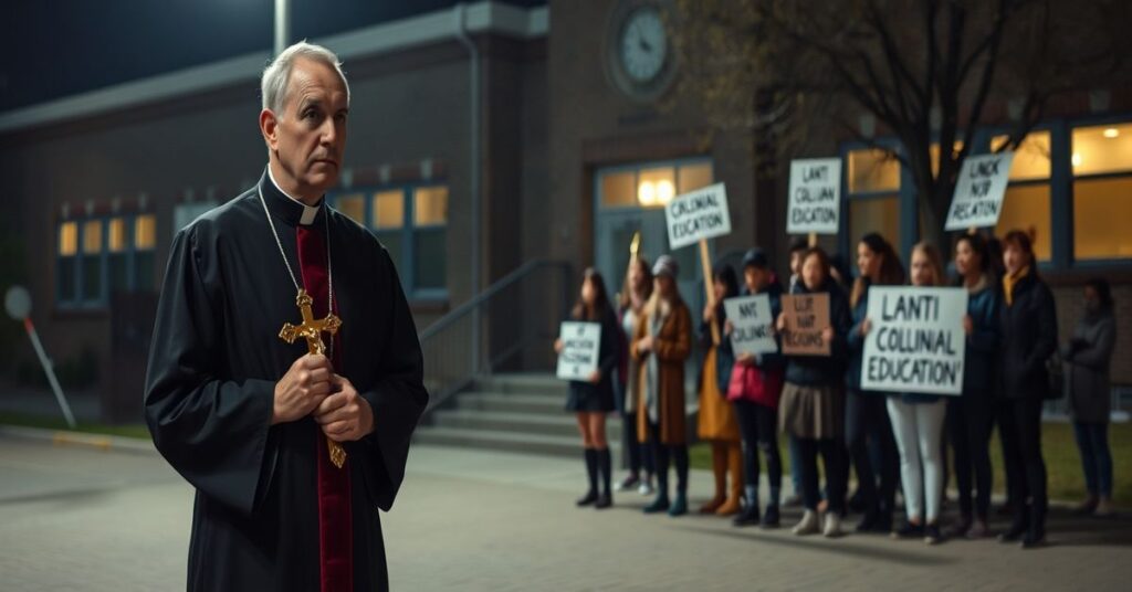 Ksiądz w tradycyjnym sutannie trzyma krzyż przed szkołą w Ontario podczas protestu przeciwko sekularyzacji edukacji