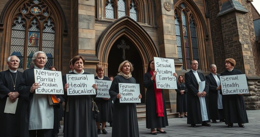 Realia protestujący rodzice przed kościołem katolickim, trzymający banery przeciwko sekularyzacji edukacji, z duchownymi w sutannach w tle, wyrażający sprzeciw wobec nowoczesnych reform z katolickiej perspektywy