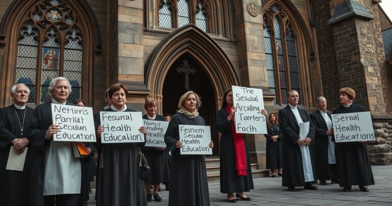 Realia protestujący rodzice przed kościołem katolickim, trzymający banery przeciwko sekularyzacji edukacji, z duchownymi w sutannach w tle, wyrażający sprzeciw wobec nowoczesnych reform z katolickiej perspektywy