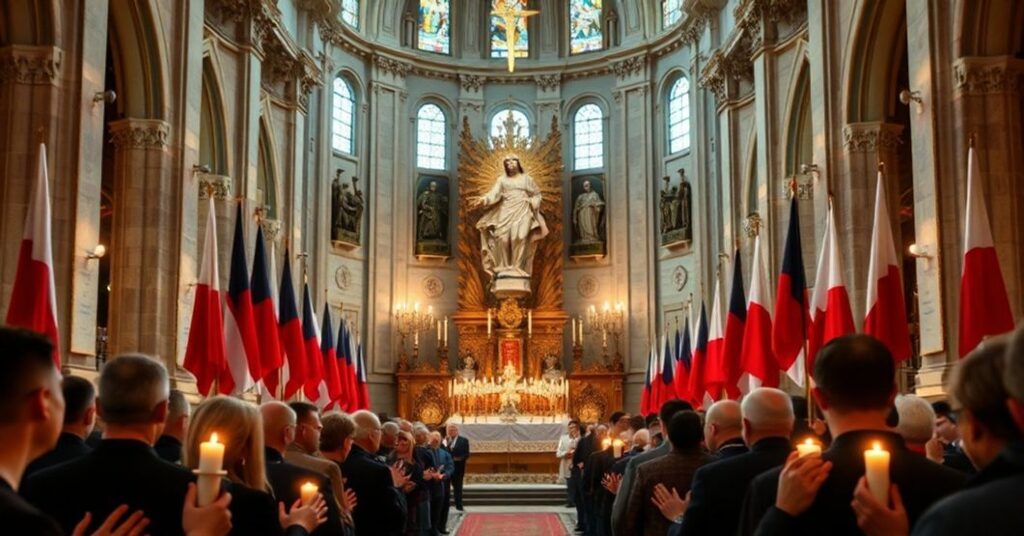 Wnętrze katedry z rzeźbą Chrystusa Króla otoczoną polskimi flagami, skupione grupy duchowieństwa i wiernych modlące się w proteście przeciwko wyrokowi Trybunału Sprawiedliwości UE dotyczącemu małożeństw jednopłciowych. Scena wypełniona jest świecami i religijnymi transparentami.