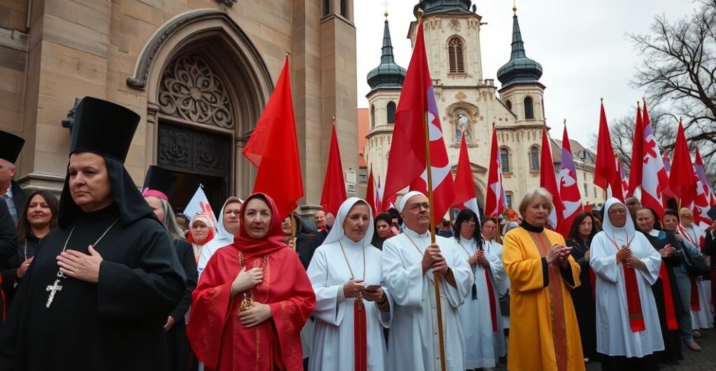 Katoliccy protestujący modlą się na manifestacji przeciw reformom MEN w Warszawie, w tradycyjnym stroju, z różańcami i banerami, na tle historycznego kościoła