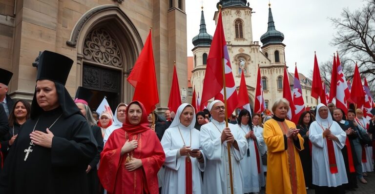 Katoliccy protestujący modlą się na manifestacji przeciw reformom MEN w Warszawie, w tradycyjnym stroju, z różańcami i banerami, na tle historycznego kościoła