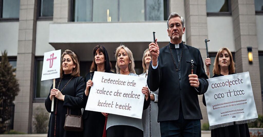 Katoliccy rodzice pokojowo protestujący przed nowoczesną szkołą, trzymający banery i różańce, wyrażający sprzeciw wobec promowania treści sprzecznych z nauką Kościoła