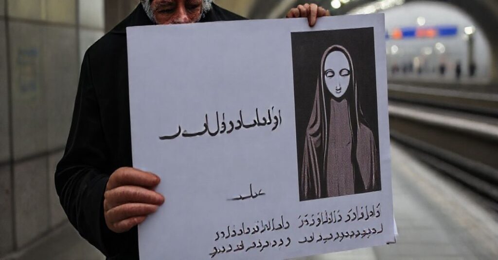 Kobieta w tradycyjnym stroju katolickim protestuje przed stacją metra w Teheranie, trzymając plakat potępiający synkretyzm religijny.