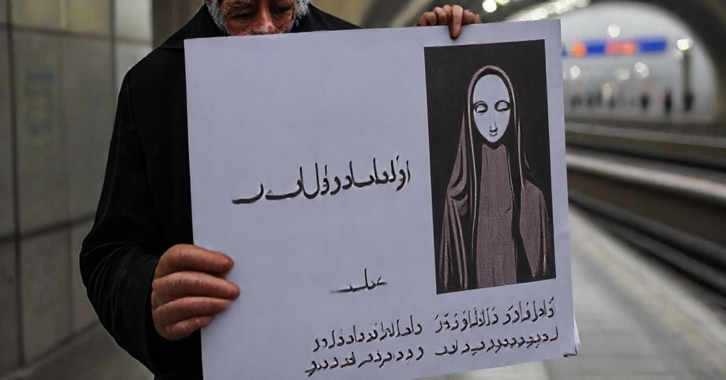 Kobieta w tradycyjnym stroju katolickim protestuje przed stacją metra w Teheranie, trzymając plakat potępiający synkretyzm religijny.
