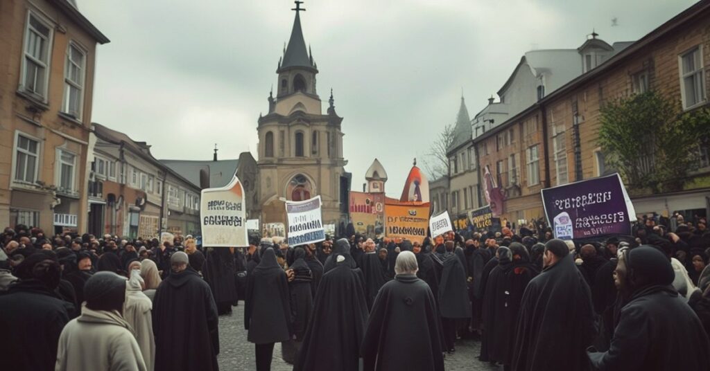 Tłum protestujący w Krakowie z transparentami o strefie czystego transportu, na tle tradycyjnej architektury katolickiej.