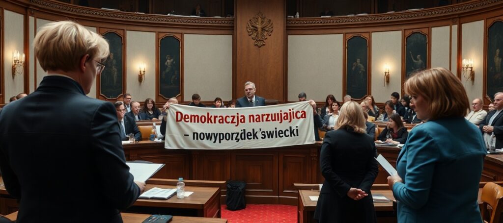 Scena w Sejmie podczas brutalnego przerwania obrad przez Krystynę Szumilas. Beata Kempa i Piotr Janowicz z SKŚ protestują przeciwko narzucaniu świeckiego porządku.