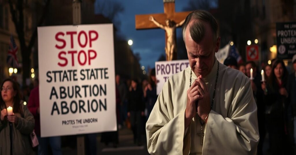 Przykładny ksiądz katolicki w tradycyjnych szatach liturgicznych modli się przed krzyżem w tle protestu przeciwko państwowemu finansowaniu aborcji w Waszyngtonie