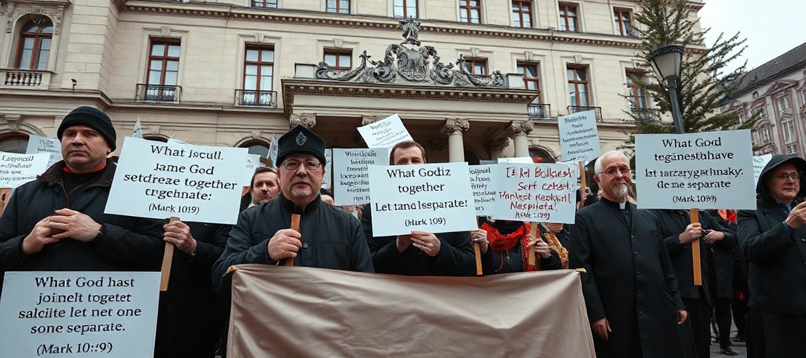 Protestujący klerycy i wierni przed budynkiem rządu z transparentami o treści biblijnej