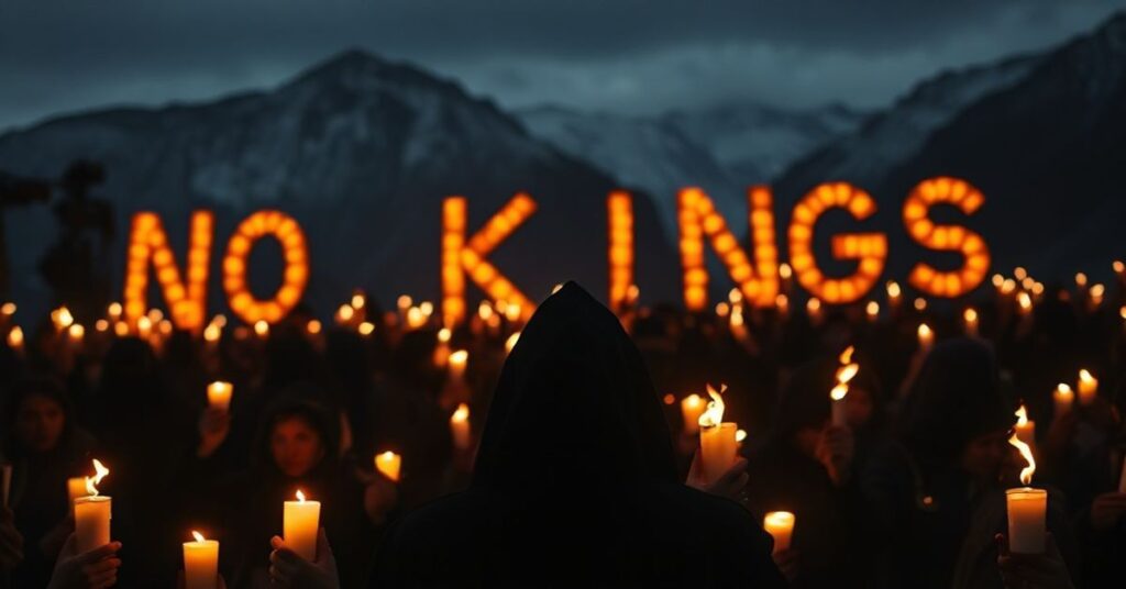 Zdjęcie przedstawiające antychrystański protest w Davos z hasłem 'No Kings' jako bunt przeciw Chrystusowi Królowi.