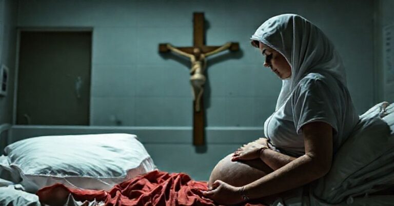 Obraz przedstawiający dramatyczną sytuację porodu na SOR-ach z perspektywy katolickiej. Kobieta w bólu podczas porodu w bezlitosnym środowisku medycznym bez obecności lekarza.