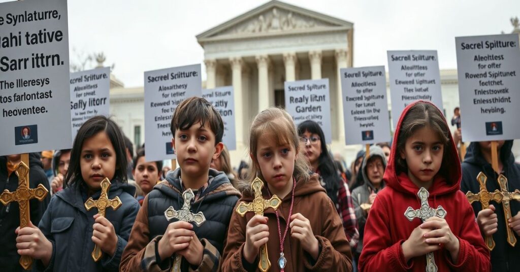 Grupa młodych ludzi z zespołem Downa trzymający krzyże i różańce przed budynkiem Sądu Najwyższego USA podczas tradycyjnego katolickiego protestu przeciwko aborcji.