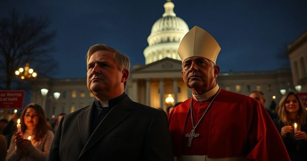 Portret Gubernatora JB Pritzker i Biskupa Thomasa Paprockiego w protestach przeciw ustawie o eutanazji w Illinois