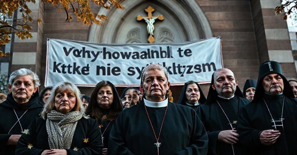 Grupa katolickich rodziców i księża protestuje przed kościołem św. Jakuba Apostoła w Helsinkach przeciwko otwarciu rzekomej "katolickiej" szkoły.