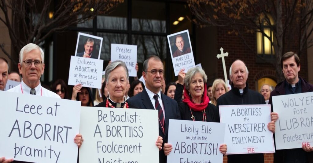 Protest przeciwko aborcji przed kampusem Texas Tech University z uczestnikami trzymającymi transparenty i modlącymi się za nienarodzone dzieci