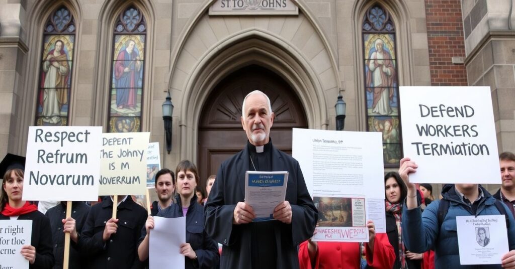 Grupa katolickich profesorów i studentów protestujących przed Uniwersytetem św. Jana w Nowym Jorku z transparentami 'Szanujmy Rerum Novarum' i 'Bronimy Praw Pracowniczych'. Na tle stoi ks. Brian Shanley z dokumentem 'Rozwiązanie Związków'. Scena ukazuje kontrast między tradycyjną katolicyzmem a współczesną herezją.