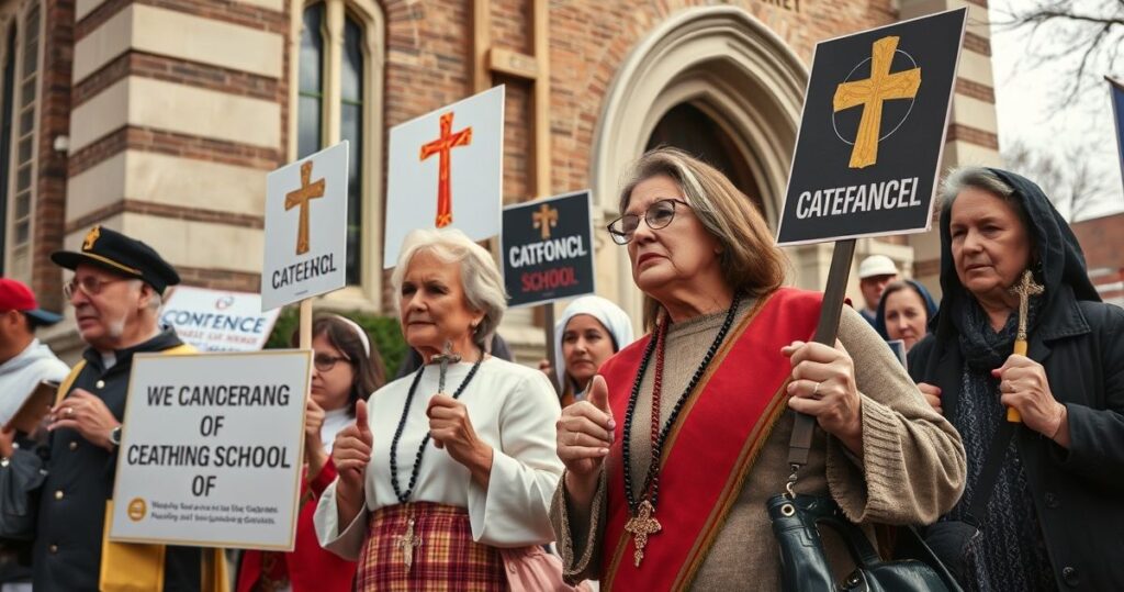 Rodzice katoliccy protestujący przed szkołą, trzymający różańce i banery, wyrażający sprzeciw wobec edukacji sprzecznej z moralnością katolicką