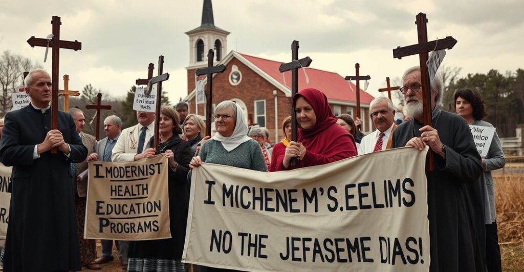 Rodzice katolicy protestujący przed szkołą, trzymający krzyże i banery przeciw nowoczesnej edukacji zdrowotnej, scena o realistycznym, pełnym szacunku charakterze