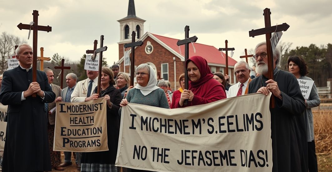 Protest katolickich rodziców przeciw modernistycznej edukacji w szkole Rodzice katolicy protestujący przed szkołą, trzymający krzyże i banery przeciw nowoczesnej edukacji zdrowotnej, scena o realistycznym, pełnym szacunku charakterze