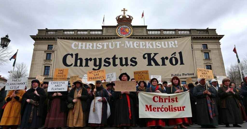 Europejscy rolnicy protestują przed Parlamentem Europejskim w Strasburgu przeciwko umowie UE z Mercosurem, z transparentem 'Chrystus Król'