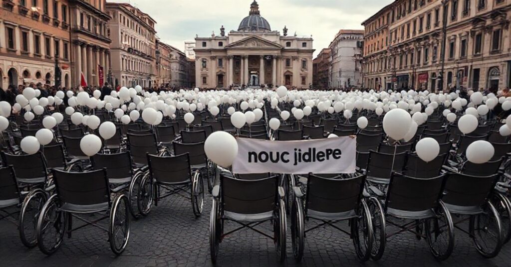 Protest w Rzymie przeciwko eutanazji z pustymi wózkami inwalidzkimi i transparentem 'Non mi uccidere'
