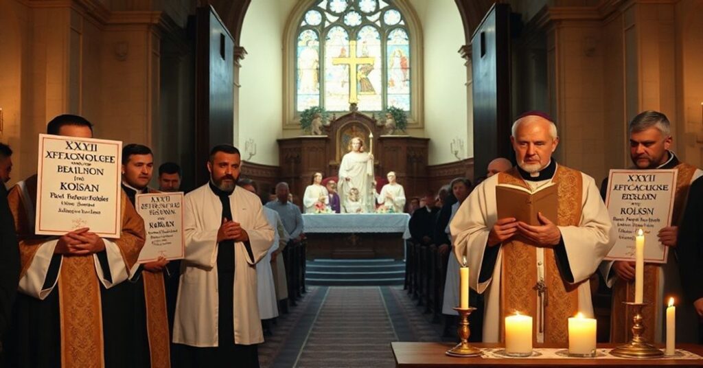 Zdjęcie przedstawiające tradycyjne katoliczne nabożeństwo z protestantującymi kapłanami w habitach protestujących na zewnątrz budynku kościoła przeciwko XXVI Dniowi Islamu w Poznaniu.