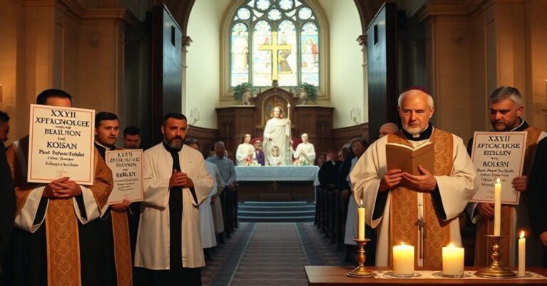 Zdjęcie przedstawiające tradycyjne katoliczne nabożeństwo z protestantującymi kapłanami w habitach protestujących na zewnątrz budynku kościoła przeciwko XXVI Dniowi Islamu w Poznaniu.