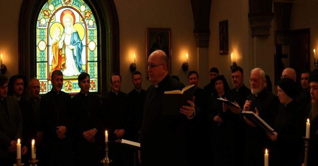 Ciemna kaplica z tradycyjnymi ikonami katolickimi, gdzie grupa przygnębionych prezbiterów w sutannach i biretach protestuje przeciwko występowi muzyki modernistycznej. Na scenie stoi James MacMillan prowadzący disonansowy utwór.