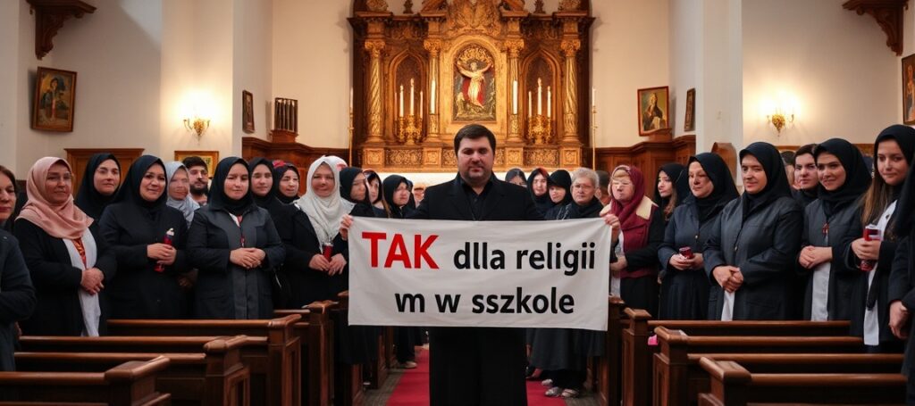 Zgromadzenie członków Stowarzyszenia Katechetów Świeckich protestujących w kościele katolickim przeciwko obywatelskiemu projektowi ustawy 'TAK dla religii i etyki w szkole'.