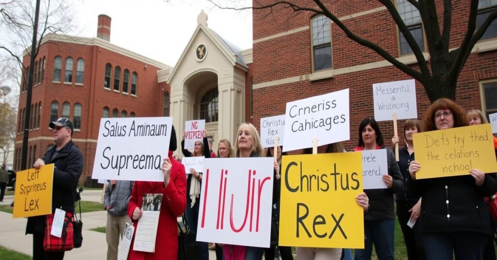 Protest przed szkołą św. Huberta w Chicago przeciwko decyzji kardynąła Cupicha o jej zamknięciu. Rodzice i nauczyciele trzymają transparenty z napisami 'Salus Animarum Suprema Lex' i 'Chrystus Król'.