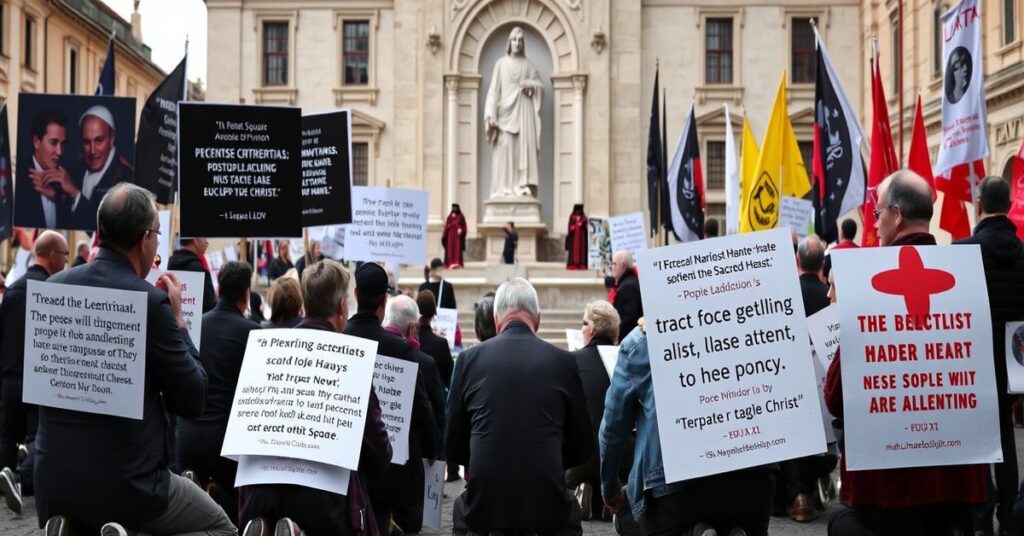 Zdjęcie protestu katolicych tradycjonalistów przeciw dokumentowi antypapieża Leona XIV o pokoju bez Chrystusa.