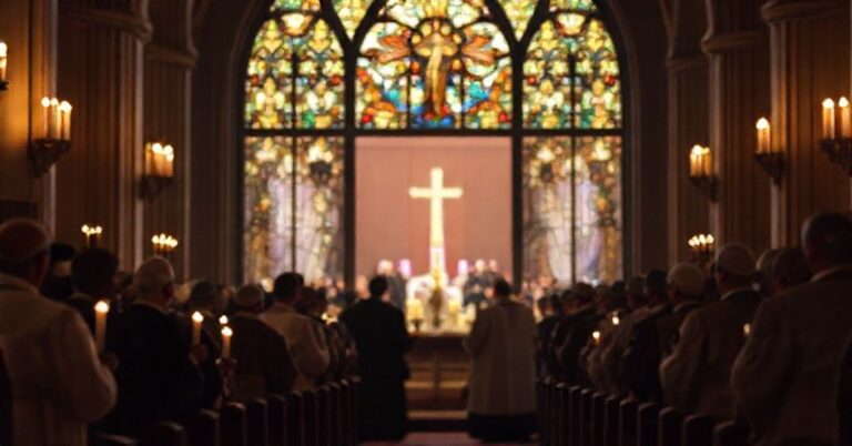 Zdjęcie przedstawia wnętrze kościoła katolickiego z grupą tradycyjnych duchownych w liturgicznych szatach stojących w protest przeciwko świeckiej ceremonii odbywającej się na zewnątrz.