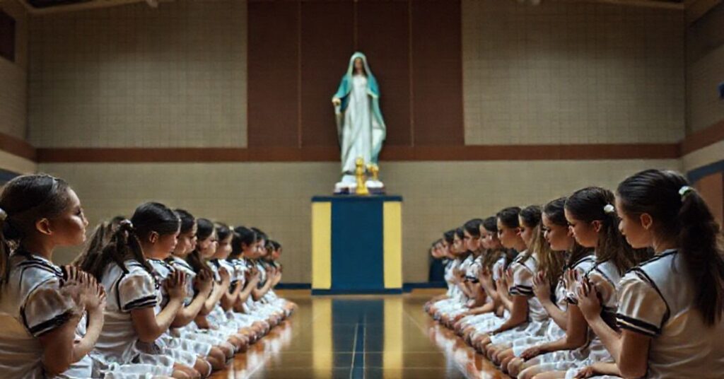 Młodzi katoliccy uczniowie modlą się przed figurą Matki Boskiej w sali gimnastycznej podczas protestu przeciwko udziałowi mężczyzny w zawodach sportowych dla kobiet.