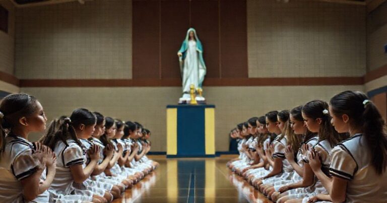 Młodzi katoliccy uczniowie modlą się przed figurą Matki Boskiej w sali gimnastycznej podczas protestu przeciwko udziałowi mężczyzny w zawodach sportowych dla kobiet.