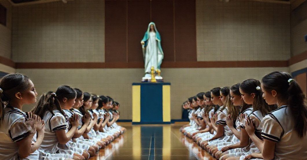 Młodzi katoliccy uczniowie modlą się przed figurą Matki Boskiej w sali gimnastycznej podczas protestu przeciwko udziałowi mężczyzny w zawodach sportowych dla kobiet.