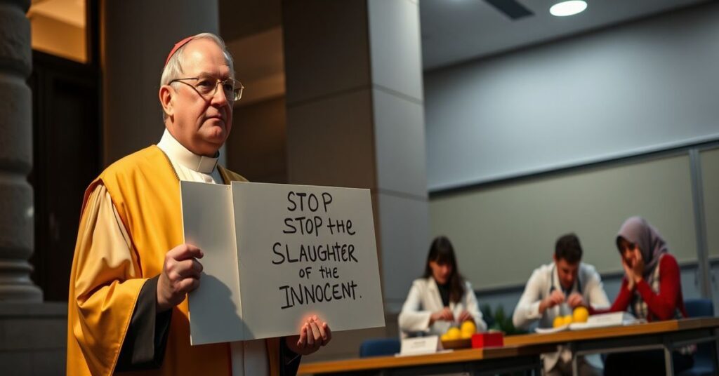 Katolicki książ w tradycyjnym stroju liturgicznym protestuje przed budynkiem Uniwersytetu Illinois przeciwko symulowanym zabiegom aborcji z użyciem owoców.