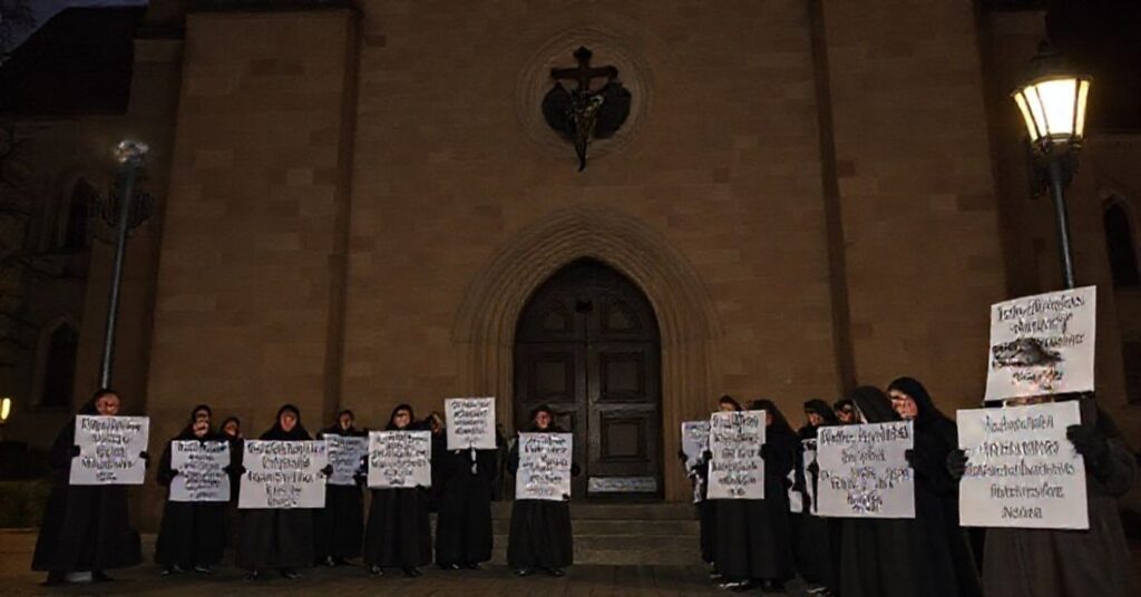 Zdjęcie zewnętrznego widoku tradycyjnego klasztoru dominikańskiego w Warszawie podczas protestu przeciwko premierze synkretycznej trylogii "Królowa Magnolii".