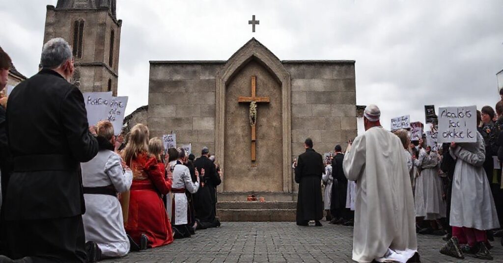 Grupa wiernych modli się przed pustym miejscem na ścianie w sali obrad Radzie Miasta w Legnicy, gdzie usunięto krzyż. Na transparentach widnieją hasła 'Tu jest Polska' i 'Gdzie jest krzyż'.