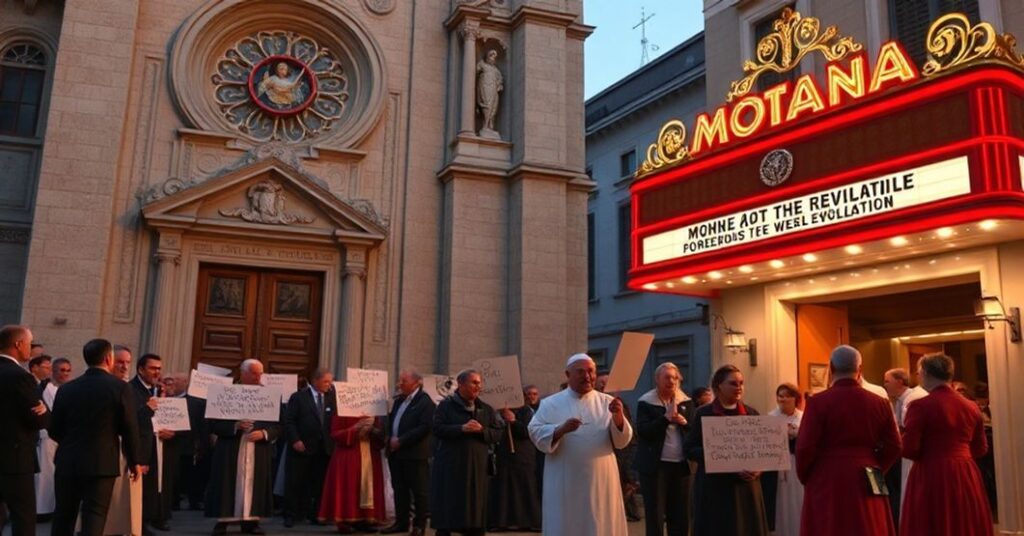 Grupa wiernych katolickich demonstruje przed teatrem parafialnym w Mediolanie przeciwko blasfemicznemu spektaklowi "Moana - Porno Revolution" w sanktuarium Santa Maria alla Fontana.