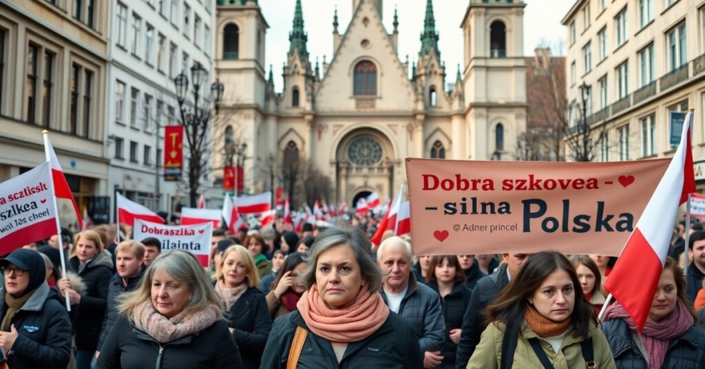 Manifestacja rodziców, nauczycieli i uczniów pod hasłem 'Dobra szkoła - silna Polska' w Warszawie przed tłem katedry.