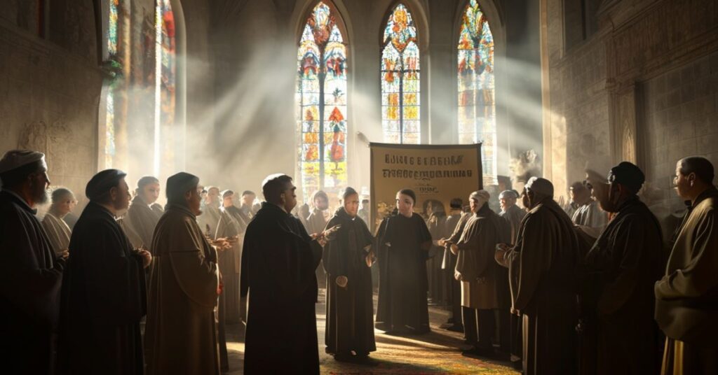 Grupa wiernych protestuje w kościele św. Jana Bosko w Szczecinie przeciwko politycznemu spotkaniu Grzegorza Brauna i Mateusza Piskorskiego.