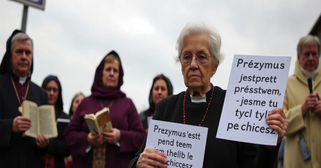 Staruszka modląca się milczeniem przed szpitalem aborcji w Szkocji z tablicą o treści "Przymus jest przestępstwem; jestem tu, by rozmawiać, tylko jeśli chcesz". W tle protestujący katolicy z różańcami.