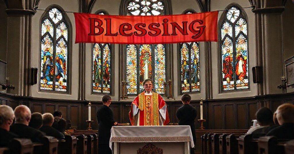 Wnętrze tradycyjnego katolickiego kościoła z witrażami ukazującego Lenę Müllera i czterech mężczyzn podczas fałszywego chrześcijańskiego "ślubu" w Berlinie.