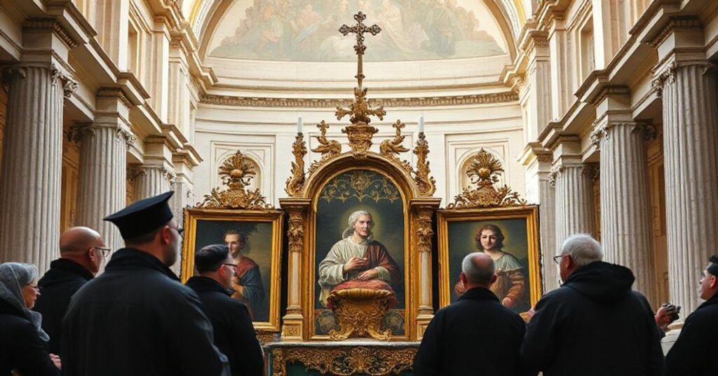 Obraz przedstawiający kontrowersyjne umieszczenie protestanckiego ołtarza w Rzymie, symbolizujące synkretyzm religijny pod pretekstem ekumenizmu.