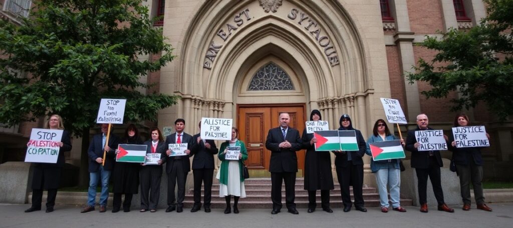 Grupa aktywistów pro-palestyńskich protestuje przed Park East Synagoga na Manhattanie