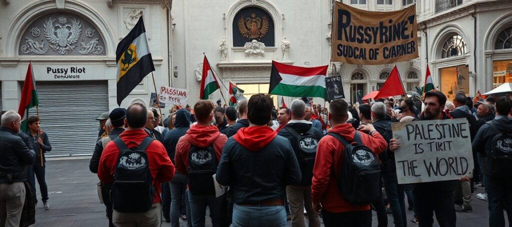 Grupa członków Pussy Riot protestuje przed pawilonem rosyjskim na 58. Biennale w Wenecji. Na tle zamknięte pawilony i chaos wydarzenia.